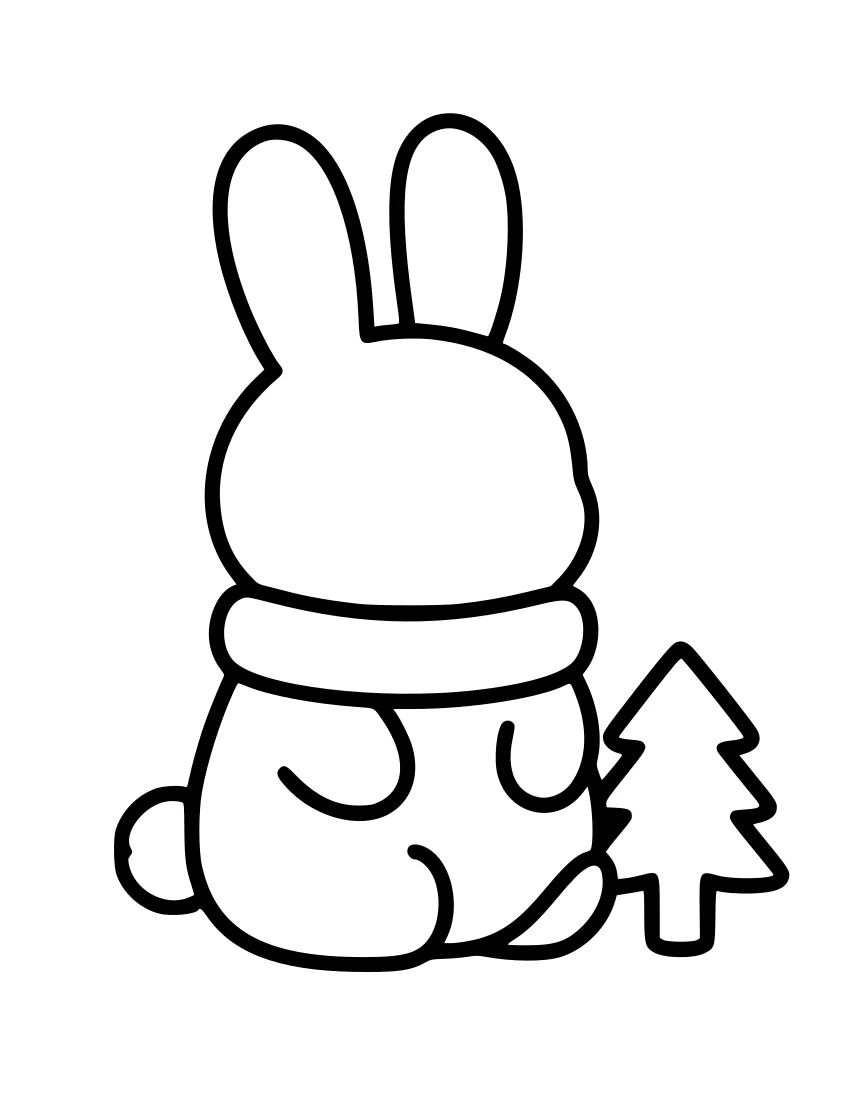 Black and white line drawing of a bunny wearing a thick winter scarf, sitting next to a small evergreen tree.