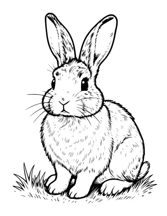 Black-and-white line drawing of a realistic rabbit sitting in grass, with long upright ears, whiskers, and detailed fur texture.