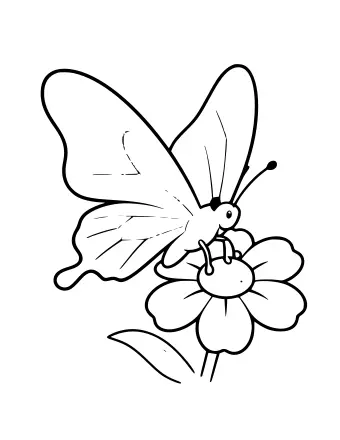 Dibujo lineal en blanco y negro de una mariposa con grandes alas estampadas posada sobre una flor de cinco pétalos con un centro y un tallo visibles.