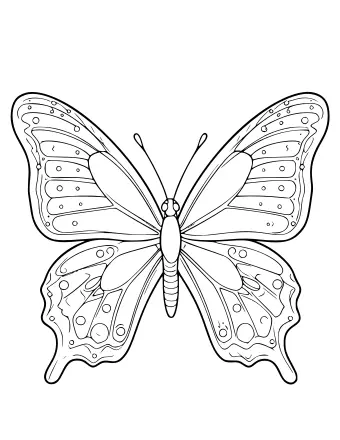 Dibujo lineal en blanco y negro de una mariposa con cuatro alas abiertas, con patrones intrincados, círculos pequeños y venas detalladas sobre un fondo blanco.