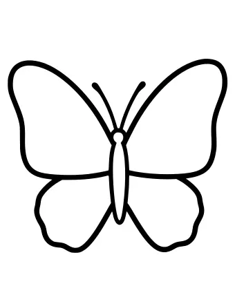 Dibujo lineal en blanco y negro de una mariposa simple con alas grandes y redondeadas y dos antenas pequeñas.