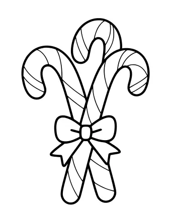Dibujo lineal en blanco y negro de tres bastones de caramelo atados con un lazo y una cinta, que muestra las clásicas tapas curvas y cuerpos a rayas.