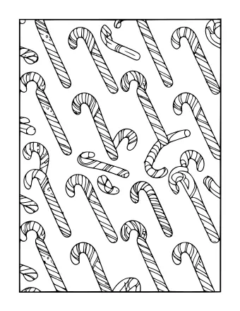 Un dibujo lineal en blanco y negro que muestra un patrón denso y repetitivo de bastones de caramelo en varios tamaños y orientaciones que ocupan toda la página.