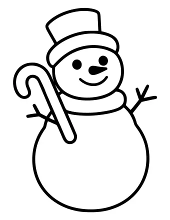 Dibujo lineal de un muñeco de nieve sonriente con un sombrero de copa y sosteniendo un gran bastón de caramelo en un brazo.