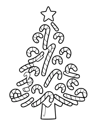 Dibujo lineal en blanco y negro de un árbol de Navidad construido enteramente con bastones de caramelo, con una estrella de cinco puntas en la parte superior y un pequeño tronco en la base.