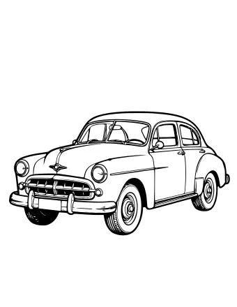 Dibujo lineal en blanco y negro de un automóvil clásico antiguo con guardabarros redondeados, parrilla cromada, faros redondos y neumáticos de banda blanca, mostrado en una vista frontal de tres cuartos.