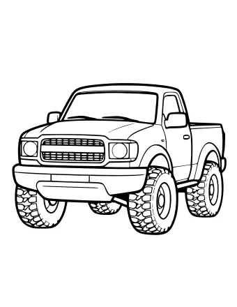 Dibujo lineal en blanco y negro de una robusta camioneta que se muestra desde la vista frontal de tres cuartos, con una parrilla detallada, faros redondos, un parachoques delantero y neumáticos todoterreno grandes con patrones de banda de rodadura profundos.
