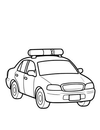 Dibujo lineal en blanco y negro de un coche de policía mostrado en una vista frontal de tres cuartos, con una barra de luces en el techo, un espejo lateral, una manija de puerta, dos faros, una parrilla delantera, una placa y dos ruedas con tapacubos.