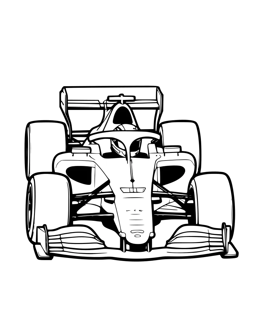Black-and-white line drawing of a Formula 1 style race car viewed from the front, showing the driver in a helmet, front and rear wings, and four large tires.