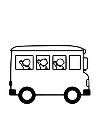 Dibujo lineal de un autobús escolar de color amarillo brillante con tres niños saludando desde las ventanillas laterales, dos ruedas grandes y un parachoques delantero.