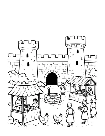 Outline drawing of a castle courtyard with two towers, a dark gateway, a stone well, hens, villagers and two market stalls