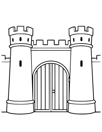 Line drawing of a castle gatehouse seen from the front with two round towers, a battlemented wall and a large arched wooden double door