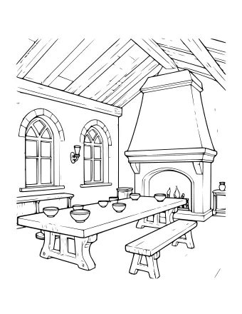Outline drawing of a castle great hall with wooden roof beams, arched windows, a large fireplace and a long table with bowls and cups