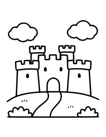 Line drawing of a castle with four crenellated towers and a central gate on a grassy hill with a winding path