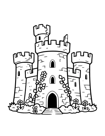 Line drawing of a ruined castle with crumbling towers, stone blocks, ivy vines and small flowers at the base of the walls