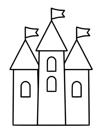 Line drawing of three tall castle towers with cone roofs, arched windows and a small pennant flag on top of each