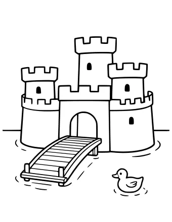 Line drawing of a castle surrounded by a moat with a wooden drawbridge lowered across it and two ducks on the water