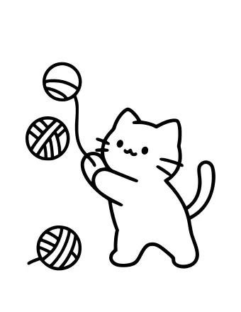 Dibujo lineal en blanco y negro de un gato de dibujos animados parado sobre sus patas traseras, bateando tres bolas de hilo con sus patas delanteras.