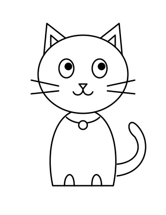 大きな目、長いひげ、鈴の付いた首輪、巻き毛の尾を持つかわいい座っている猫の線画