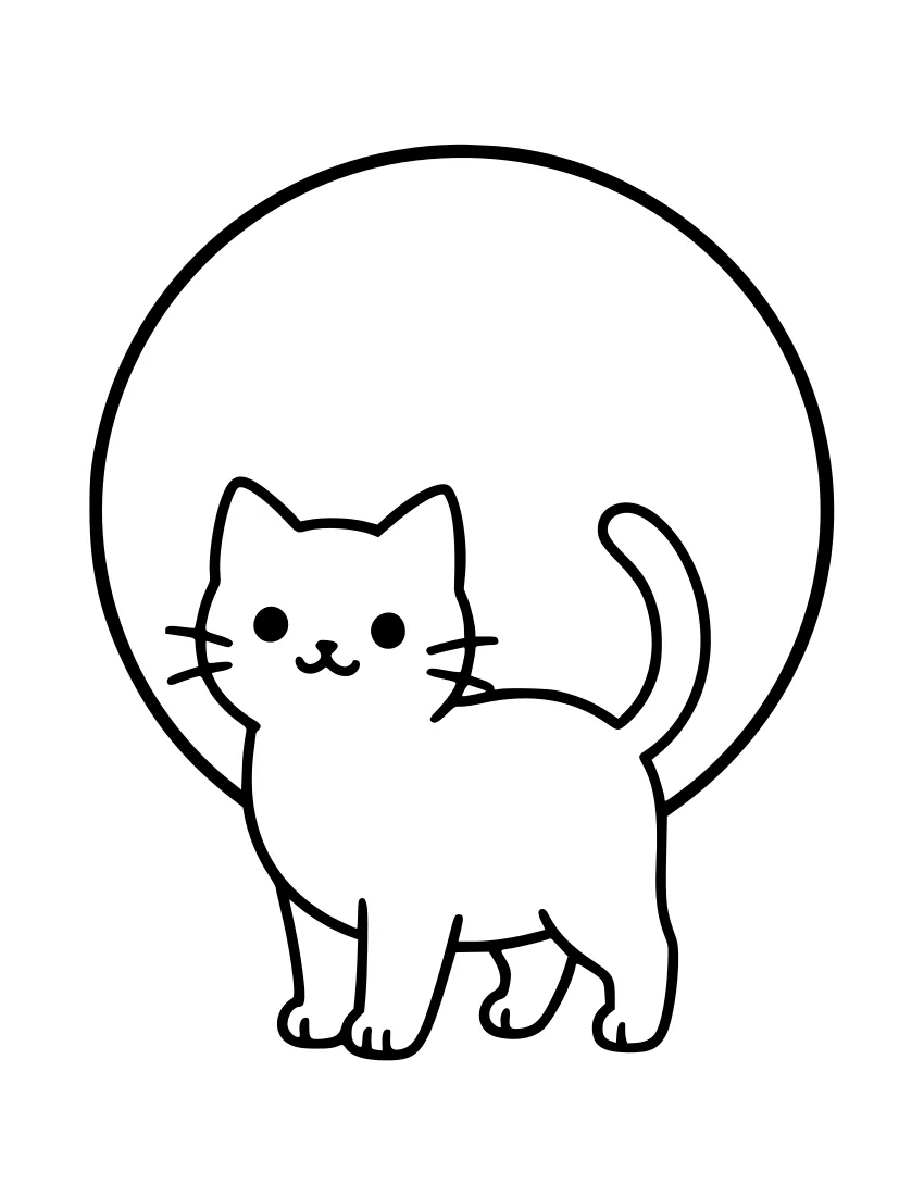 Black-and-white line drawing of a small cat with an arched back, pointy ears, whiskers, and a curled tail, standing in front of a large round circle that looks like a full moon.