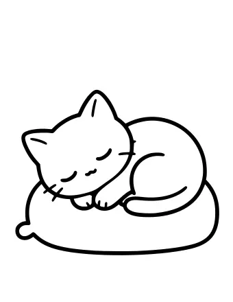 Dibujo lineal en blanco y negro de un gatito acurrucado dormido sobre un cojín redondo, con los ojos cerrados, bigotes y cola rizada.