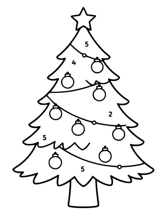 Dibujo lineal en blanco y negro de un árbol de Navidad con una estrella en la parte superior, adornos redondos y pequeños números esparcidos por las ramas para una actividad de colorear por números.