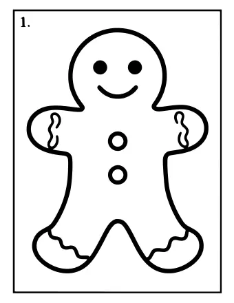 Contorno en blanco y negro de un hombre de jengibre sonriente con glaseado ondulado en brazos y piernas y dos botones redondos en el torso, dividido en secciones numeradas.