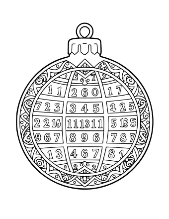 Dibujo lineal en blanco y negro de un gran adorno navideño con una gorra y un lazo, lleno de una cuadrícula de números y patrones decorativos en forma de remolino.