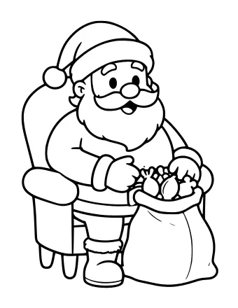 Dibujo lineal en blanco y negro de Papá Noel sentado en una silla de madera, sosteniendo un gran saco lleno de juguetes envueltos, con una expresión alegre y un clásico gorro de Papá Noel.