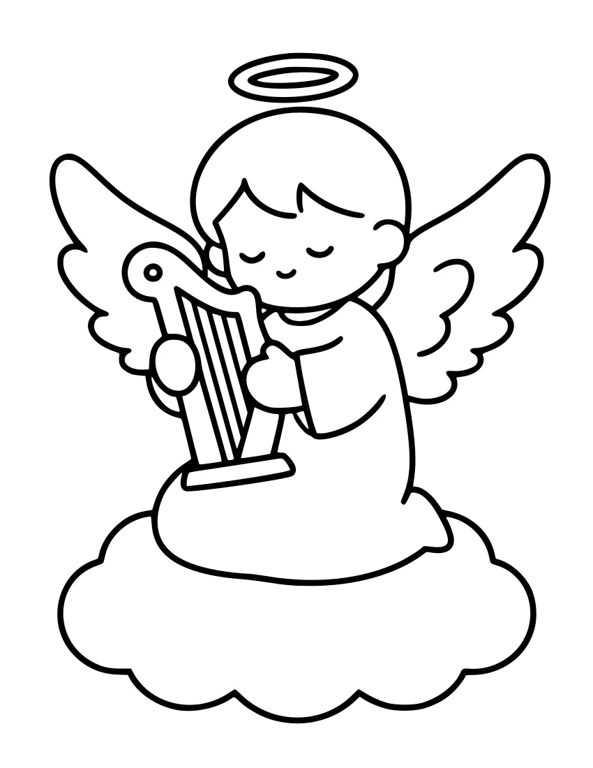 Line drawing of a small angel with a halo and feathered wings, eyes closed, playing a harp while seated on a cloud.