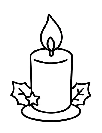 Line drawing of a tall candle with a single flame in a round holder, with holly leaves on each side and a small star at the base.