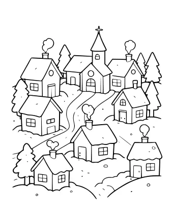 Line drawing of a snowy village on a hill with five small houses, a church with a steeple, pine trees, a winding road and smoking chimneys.