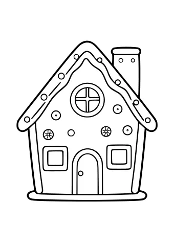 Dibujo lineal de una casa de pan de jengibre con techo puntiagudo, una ventana redonda, dos ventanas cuadradas, una puerta arqueada y adornos de dulces que incluyen caramelos redondos y formas de copos de nieve.