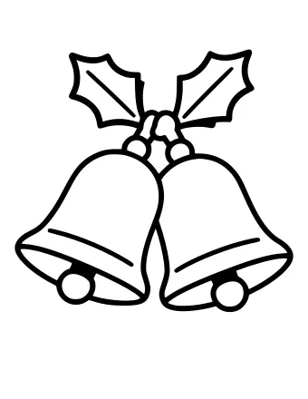 Line drawing of two large jingle bells tied together with a ribbon, with two holly leaves and a small cluster of berries at the top.