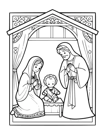 Dibujo lineal de un belén tradicional que muestra a María arrodillada en oración, el niño Jesús sentado en un pesebre y José de pie con las manos entrelazadas, enmarcado por un arco ornamentado.