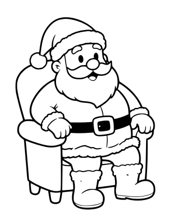 Dibujo lineal en blanco y negro de Papá Noel sentado en una silla de madera, sosteniendo un saco de juguetes y un gran saco de regalos a su lado.