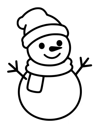Dibujo lineal en blanco y negro de un muñeco de nieve de dos secciones con un gorro estilo Papá Noel y una bufanda, brazos como palos y una cara sonriente.