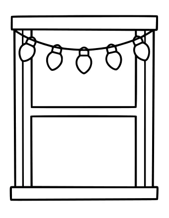 Contorno en blanco y negro de un marco de ventana rectangular con una cadena de cinco luces navideñas redondas colgando del panel superior, listas para colorear.