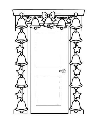 Dibujo lineal en blanco y negro del marco de una puerta decorado con una larga guirnalda de campanas y estrellas colgantes, rematado con un gran lazo.