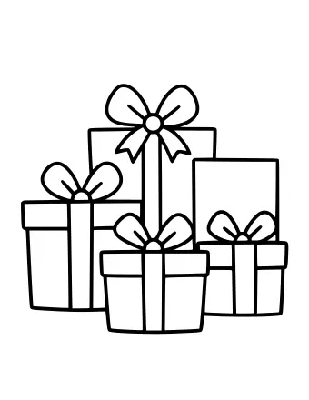 Dibujo lineal en blanco y negro de tres cajas de regalo envueltas de diferentes tamaños, cada una rematada con un gran lazo decorativo, dispuestas en un grupo.