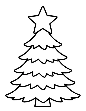 Dibujo lineal en blanco y negro de una estrella de cinco puntas colocada encima de un árbol de Navidad en capas con un pequeño tronco en la parte inferior.