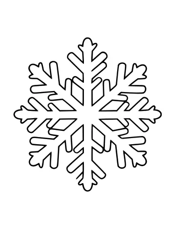 Dibujo lineal en blanco y negro de un adorno navideño de copo de nieve de seis puntas con delicados brazos ramificados y pequeños bucles decorativos en las puntas.