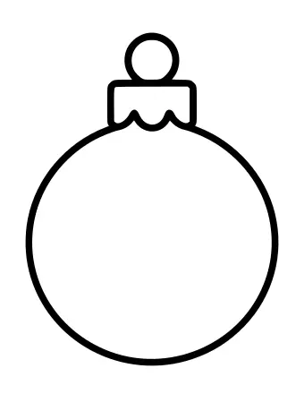 Dibujo lineal en blanco y negro de un adorno navideño redondo con una gorra simple y un lazo en la parte superior.
