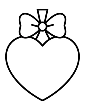 Dibujo lineal en blanco y negro de un gran adorno navideño en forma de corazón con un lazo decorativo y un lazo en la parte superior.