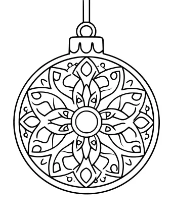 Dibujo lineal en blanco y negro de un adorno navideño redondo con un patrón simétrico complejo en su interior, adecuado para niños mayores.