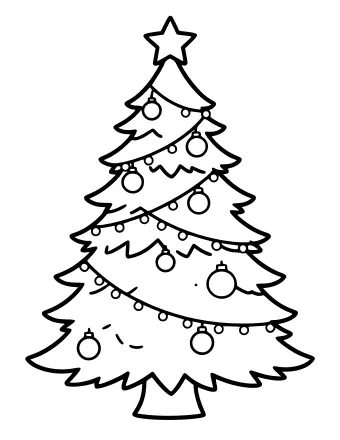 Dibujo lineal en blanco y negro de un árbol de Navidad alto con una estrella, adornos redondos y pequeñas bombillas colgando de las ramas.