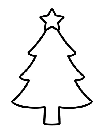 Un simple contorno negro de un árbol de Navidad con tres hileras de ramas y una estrella de cinco puntas en la parte superior, sobre un fondo blanco.