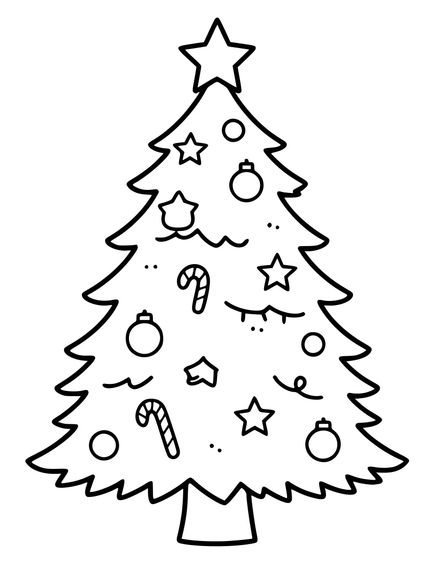 Black and white line drawing of a Christmas tree decorated with round ornaments, five-pointed stars, and candy canes, topped with a large star.