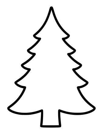 Un simple contorno en blanco y negro de un árbol de Navidad con una parte superior puntiaguda, cuatro hileras de ramas y un pequeño tronco en la parte inferior.