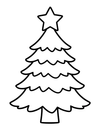Dibujo lineal en blanco y negro de un árbol de Navidad de cinco niveles con una gran estrella de cinco puntas en la parte superior, colocado sobre un pequeño tronco.